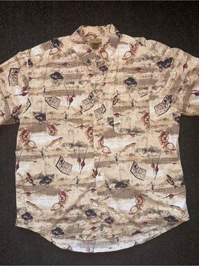 Vtg Ivy Crew Explorer Fly Fishing All Over Novelty Print Button Shirt XL Cotton